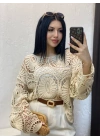 Kadın Ekru Crochet Örgü Desenli Ajurlu Transparan Uzun Kol Dantel Triko Pinterest Bluz