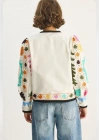 Kadın Ekru Bisiklet Yaka Uzun Kollu Suzani Renkli Nakışlı Siyah Biyeli Keten Bomber Bohem Ceket