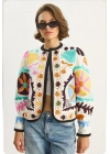 Kadın Ekru Bisiklet Yaka Uzun Kollu Suzani Renkli Nakışlı Siyah Biyeli Keten Bomber Bohem Ceket