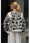 Kadın Ekru Siyah Biyeli Çiçek Nakış İşlemeli Kol Manşetli Keten Mevsimlik Ceket