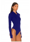 bysoca Kadın Mavi Fermuarlı Gömlek Yaka Uzun Kol Parmak Geçmeli Çift Kat Sandy Kumaş Tanga Bodysuit