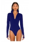 bysoca Kadın Mavi Fermuarlı Gömlek Yaka Uzun Kol Parmak Geçmeli Çift Kat Sandy Kumaş Tanga Bodysuit