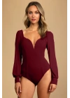 Kadın Bordo Manşetli Uzun Balon Kollu Kalp V Yaka Sırt Dekolteli Çift Kat İpek Jarse Bodysuit