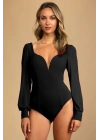 Kadın Siyah Manşetli Uzun Balon Kollu Kalp V Yaka Sırt Dekolteli Çift Kat İpek Jarse Bodysuit