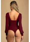 Kadın Bordo Manşetli Uzun Balon Kollu Kalp V Yaka Sırt Dekolteli Çift Kat İpek Jarse Bodysuit