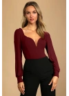 Kadın Bordo Manşetli Uzun Balon Kollu Kalp V Yaka Sırt Dekolteli Çift Kat İpek Jarse Bodysuit