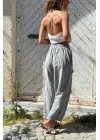 Kadın Gri Keten Cepli Yıkamalı Bohem Pinterest Salaş Bol Paça Pantolon Yüksek Bel