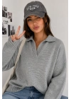 Kadın Gri Pamuklu Polo Yaka Oversize Triko Kazak