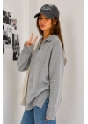Kadın Gri Pamuklu Polo Yaka Oversize Triko Kazak