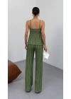 Kadın Haki Dokulu Askılı Üst Ve Bol Paça Pantolon 2’li Takım