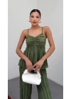 Kadın Haki Dokulu Askılı Üst Ve Bol Paça Pantolon 2’li Takım