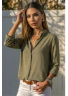 Kadın Haki Düz Renk Dokuma Uzun Kollu Manşetli Düğmeli Pamuklu Viskon Basic Gömlek