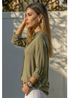 Kadın Haki Düz Renk Dokuma Uzun Kollu Manşetli Düğmeli Pamuklu Viskon Basic Gömlek