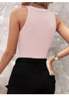 Kadın Halter Kollu Yuvarlak Taşlı Yaka Damla Detaylı Kaşkorse Bluz