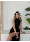 Kadın Halter Yaka Derin Yırtmaç Detaylı Tam Boy Ithal Krep Abiye Elbise