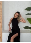 Kadın Halter Yaka Derin Yırtmaç Detaylı Tam Boy Ithal Krep Abiye Elbise