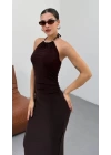 Kadın Halter Yaka Sırt Dekolteli Sandy Kumaş Maxi Boy Elbise