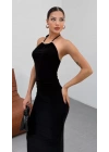 Kadın Halter Yaka Sırt Dekolteli Sandy Kumaş Maxi Boy Elbise