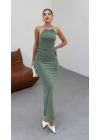 Kadın Halter Yaka Sırt Dekolteli Sandy Kumaş Maxi Boy Elbise