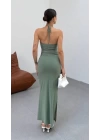 Kadın Halter Yaka Sırt Dekolteli Sandy Kumaş Maxi Boy Elbise