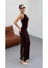 Kadın Halter Yaka Sırt Dekolteli Sandy Kumaş Maxi Boy Elbise
