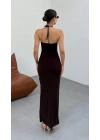 Kadın Halter Yaka Sırt Dekolteli Sandy Kumaş Maxi Boy Elbise