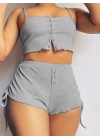 Kadın Ip Askılı Crop Bluz Ve Yanlardan Büzgülü Ikili Kaşkorse Short Takım