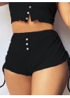 Kadın Ip Askılı Crop Bluz Ve Yanlardan Büzgülü Ikili Kaşkorse Short Takım