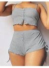 Kadın Ip Askılı Crop Bluz Ve Yanlardan Büzgülü Ikili Kaşkorse Short Takım