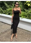 Kadın Ip Askılı Yuvarlak Yakalı Yırtmaçlı Midi Kaşkorse Elbise