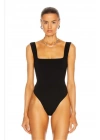 Kadın Siyah Kare Yaka Sırtı Açık Sıfır Kol Çıtçıtlı Çift Kat İpek Jarse Basic Tanga Bodysuit