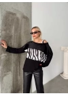 Kadın Kadife Kumaş Zebra Desenli Omuz Detay Uzun Kollu Bluz