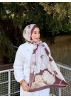 Kadın Kahve Krem Büyük Çiçek Desenli Pamuklu Bambu Yumuşak Dokulu Tesettür Şal