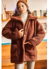 Kadın Kahverengi Oversize Gömlek Yaka Uzun Kollu Cepli Önü Düğmeli Peluş Teddy Kaban Mont