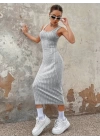 Kadın Kalın Askılı Kare Yaka Fitilli Kaşkorse Midi Boy Elbise