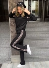 Kadın Kapüşonlu Leopar Detay Sweat Ve Yüksek Bel Yanları Leopar şeritli Bol Paça Pantolon Ikili Takım