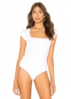 Kadın Beyaz Kare Yaka Kısa Kap Kol Vücudu Saran Sandy Kumaş Basic Tanga Bodysuit