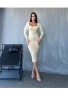 Kadın Kare Yaka Kolları Manşet Ve Tül Detay Fırsat ürün Midi Boy Elbise