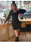 Kadın Kare Yaka Kolları Tül Sandy Kumaş Fırsat ürün Mini Siyah Elbise
