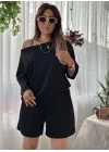 Kadın Kayık Yaka Oversize Asimetrik Bluz Ve şort Iki Iplik Takım