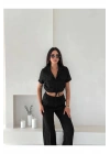bysoca Kadın Siyah Kısa Kollu Crop Gömlek ve Yüksek Bel Bol Paça Palazzo Pantolon Yazlık Keten Takım