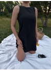 Kadın Keten Kumaş Kolsuz Mini Boy Elbise