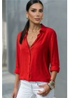 Kadın Kırmızı Düz Renk Dokuma Uzun Kollu Manşetli Düğmeli Pamuklu Viskon Basic Gömlek