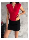 bysoca Kadın Kırmızı Vatkalı Drapeli Kruvaze V Yaka Kolsuz Çıtçıtlı Bodysuit