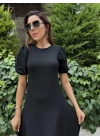 Kadın Kısa Balon Kollu Bisiklet Yaka Geniş Kesim Janjan Krep Elbise