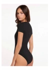 bysoca Kadın Siyah Bisiklet Yaka Kısa Kol İpek Jarse Vücudu Saran Basic Bodysuit