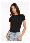 bysoca Kadın Siyah Bisiklet Yaka Kısa Kol İpek Jarse Vücudu Saran Basic Bodysuit