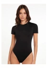 bysoca Kadın Siyah Bisiklet Yaka Kısa Kol İpek Jarse Vücudu Saran Basic Bodysuit