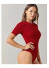 bysoca Kadın Kırmızı Bisiklet Yaka Kısa Kol Vücudu Saran Sandy Kumaş Tanga Basic Bodysuit