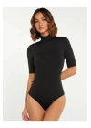 bysoca Kadın Siyah Balıkçı Yaka Kısa Kol İpek Jarse Vücudu Saran Basic Bodysuit